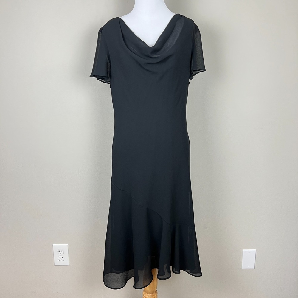 SCARLETT Midi Dress Womens 14 Black Cowl Neck Flounce Sleeve Flounce Hem Evening